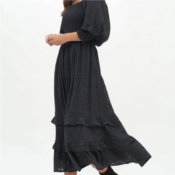 Oliphant Smocked Top Ruffle Tiered Midi Length Dress Midnight Black Gold Small - Picture 6 of 15